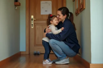 Ouvrière en 5x8 retrouvant sa petite fille à la maison après un poste de nuit, planning familial affiché au mur
