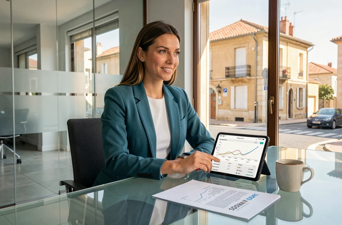 Consultante SEO d'Oxoleo analysant des courbes de trafic organique sur tablette dans un bureau moderne