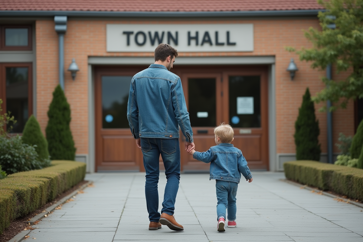 Jeune père avec son enfant devant un bâtiment communal
