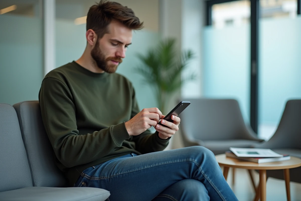 Patient prenant rendez-vous chez le médecin via une application mobile de consultation en salle d'attente