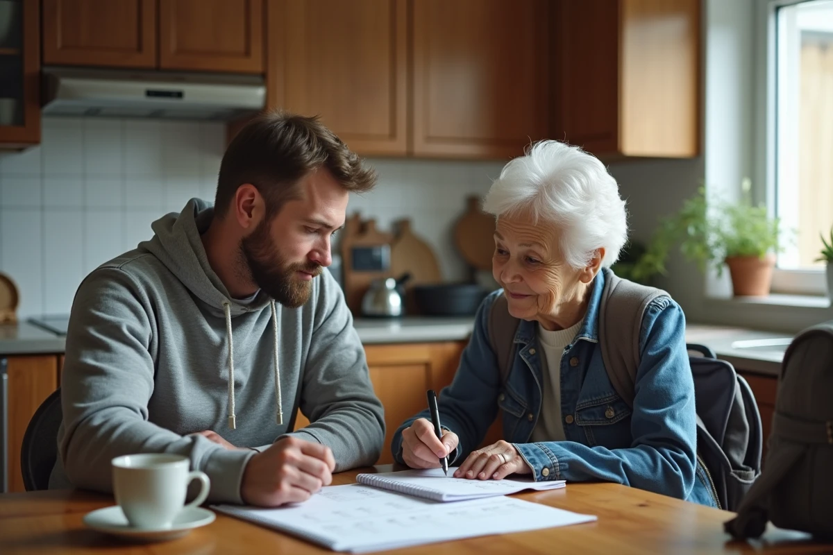 Père travaillant en horaires décalés 5x8 organisant la garde de ses enfants avec une assistante maternelle autour d'un planning