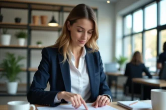 Femme professionnelle planifiant les jours ouvrés 2026 avec un calendrier imprimé sur un bureau en bois dans un open space moderne