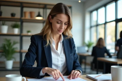 Femme professionnelle planifiant les jours ouvrés 2026 avec un calendrier imprimé sur un bureau en bois dans un open space moderne