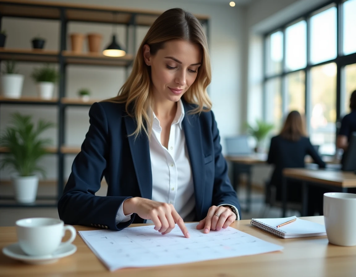 Femme professionnelle planifiant les jours ouvrés 2026 avec un calendrier imprimé sur un bureau en bois dans un open space moderne