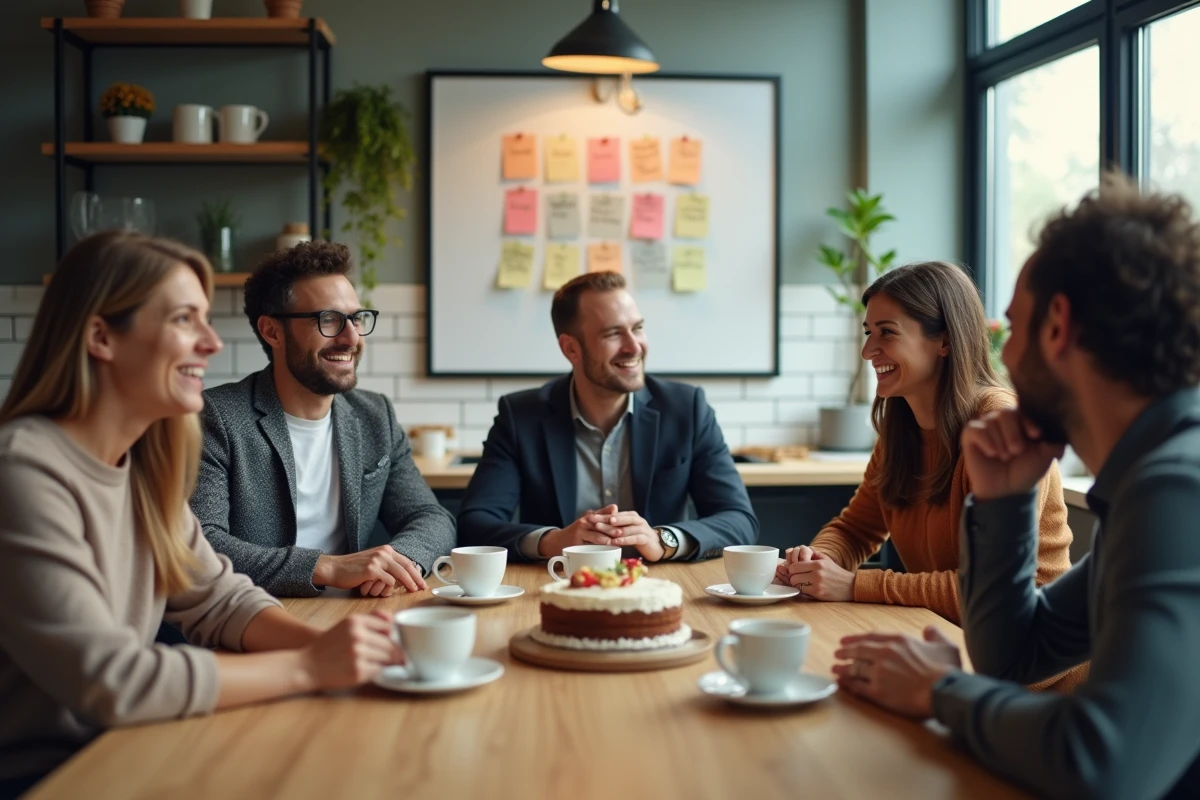 Petite équipe de professionnels réunie autour d'une table en salle de pause pour un pot de départ informel avec gâteau et messages manuscrits sur un tableau