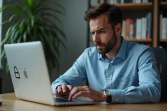 Homme frustré face à une erreur de connexion sur son espace affilié Sécuritest sur un ordinateur portable