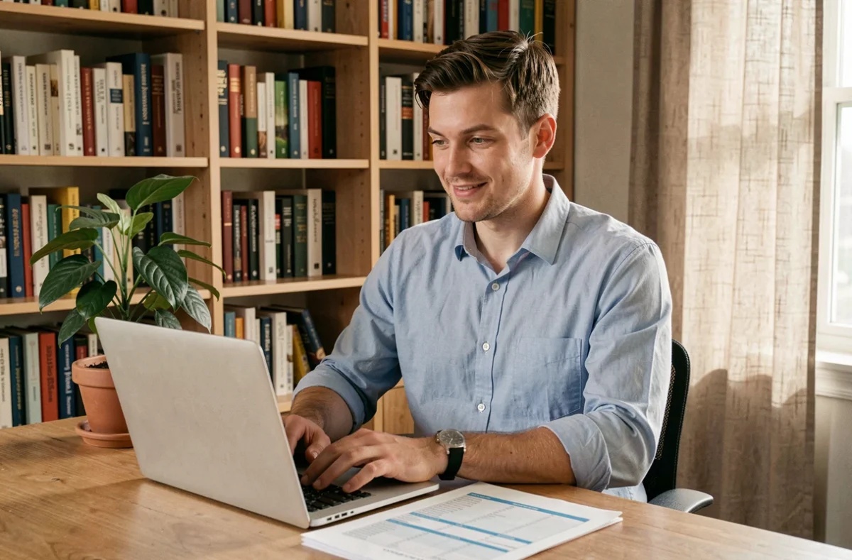 Jeune professionnel indépendant en télétravail gérant son activité via une société de portage salarial
