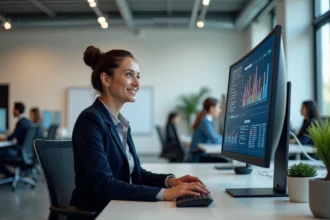 Professionnelle utilisant un outil d'IA marketing sur tableau de bord analytique dans un bureau moderne