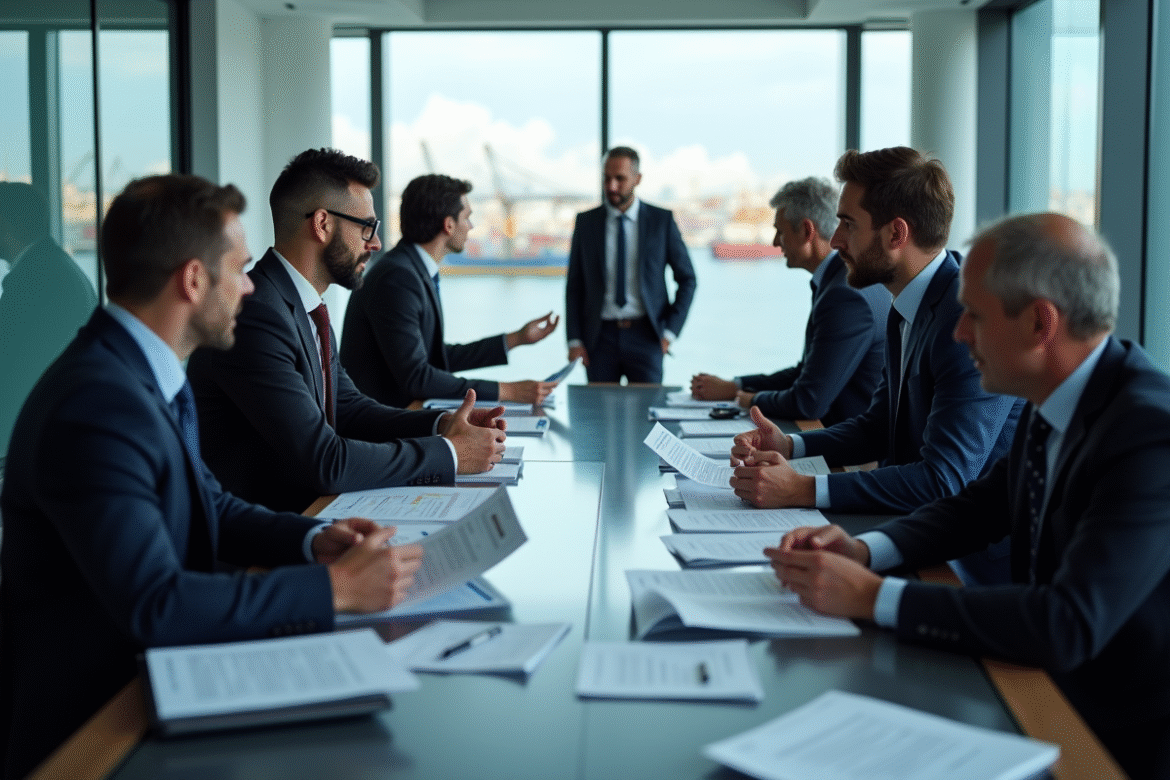 Groupe de professionnels en réunion d'affaires avec documents Incoterms