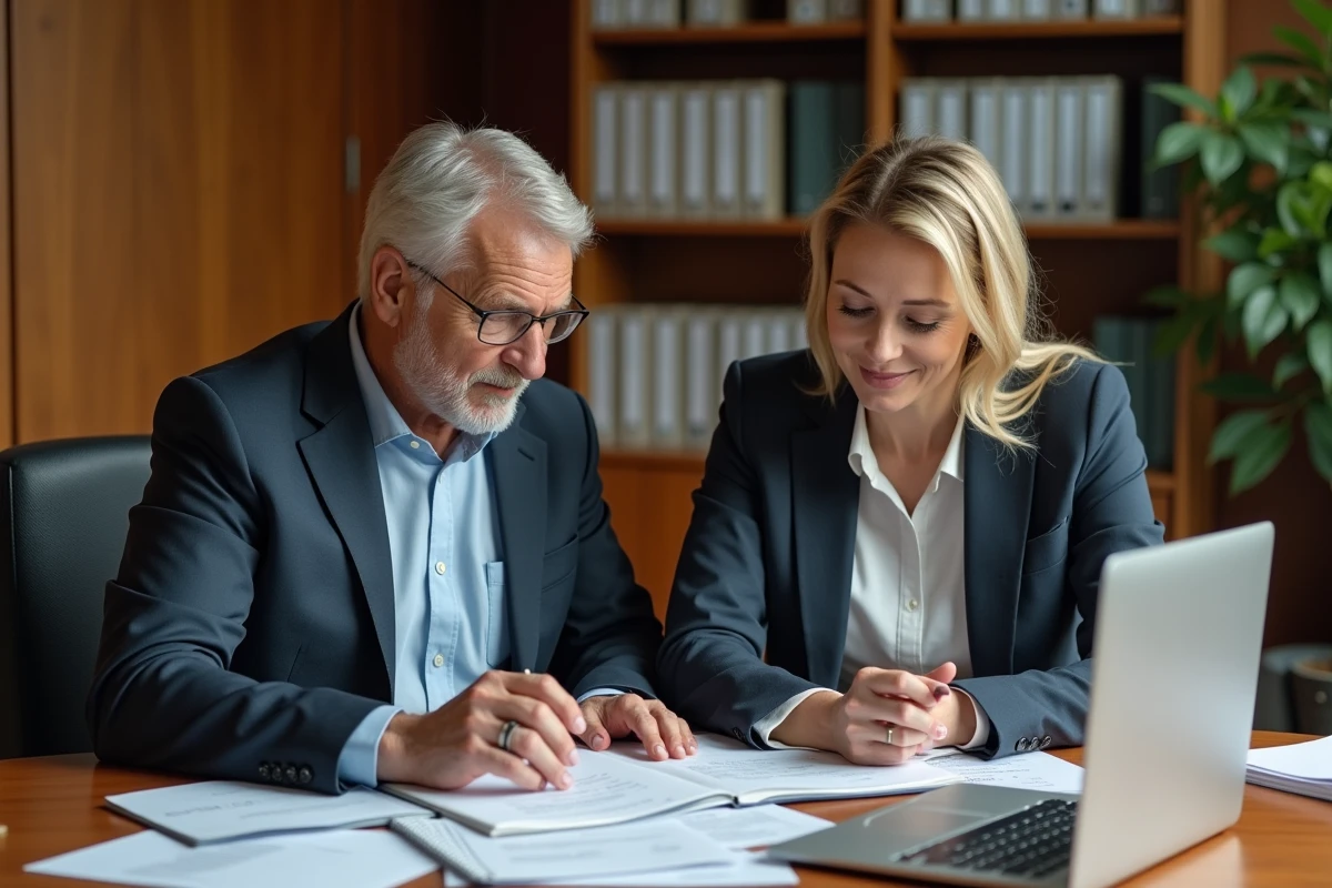 Deux professionnels consultant un rapport annuel et un ordinateur portable pour analyser la santé financière d'une société prospect