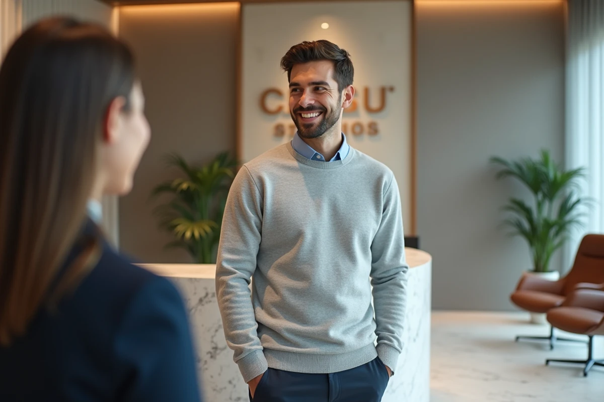 Réceptionniste accueillant un client dans le hall d'une entreprise de services tertiaires moderne