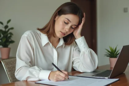 Jeune femme rédigeant une lettre de motivation pour un emploi au rayon frais de Leclerc