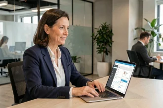 Professionnelle en entreprise utilisant un portail client B2B sur ordinateur portable dans un open space moderne