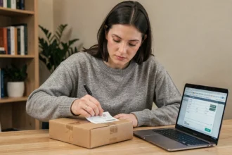 Femme remplissant soigneusement une étiquette d'adresse sur un colis à son bureau à domicile pour éviter les erreurs d'envoi