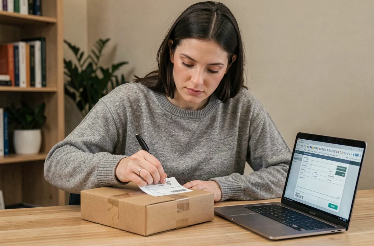 Femme remplissant soigneusement une étiquette d'adresse sur un colis à son bureau à domicile pour éviter les erreurs d'envoi