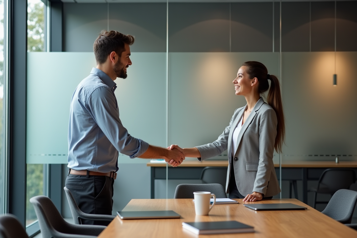 Homme et femme se serrant la main dans un espace de coworking
