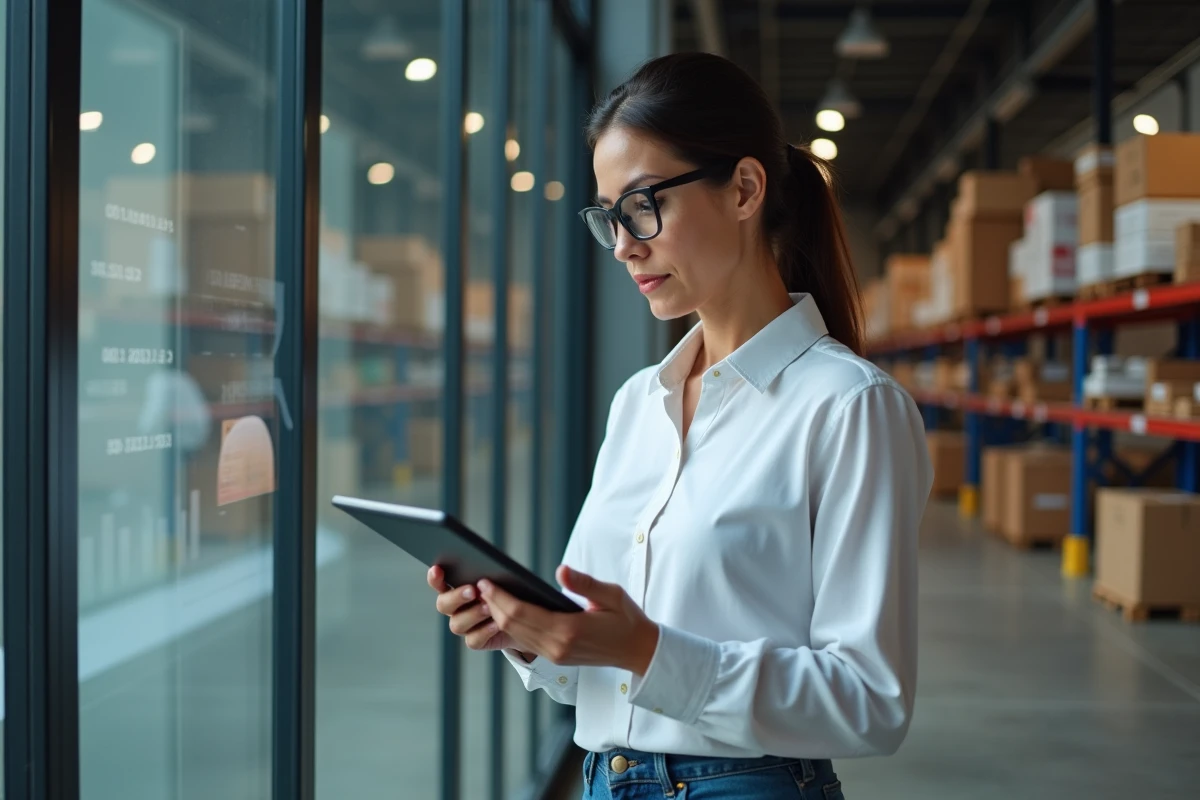 Responsable logistique analysant des indicateurs de performance de livraison sur une tablette numérique dans un entrepôt moderne