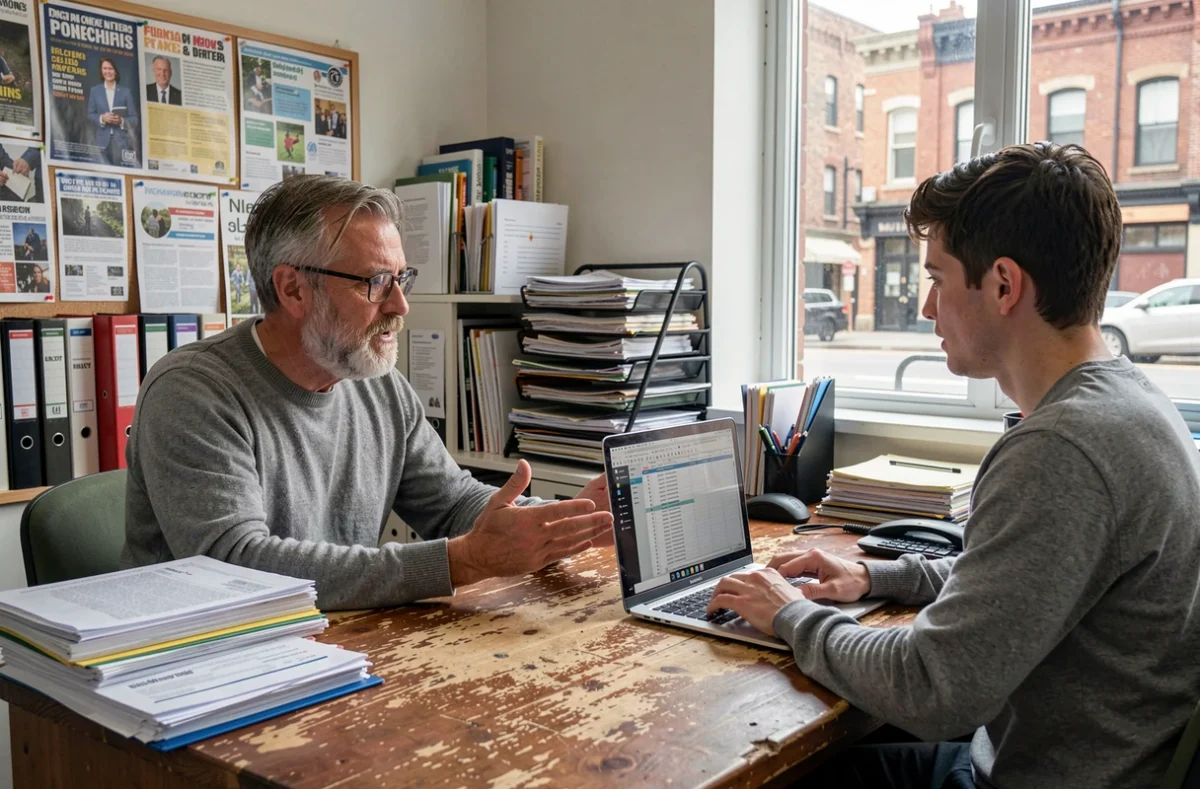 Deux membres d'une association discutant des options de portage salarial sur un ordinateur portable