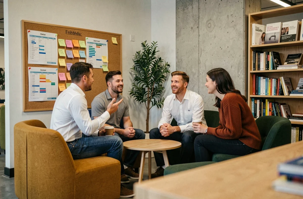 Groupe de professionnels en réunion collaborative dans un coin salon de coworking avec tableau de liège