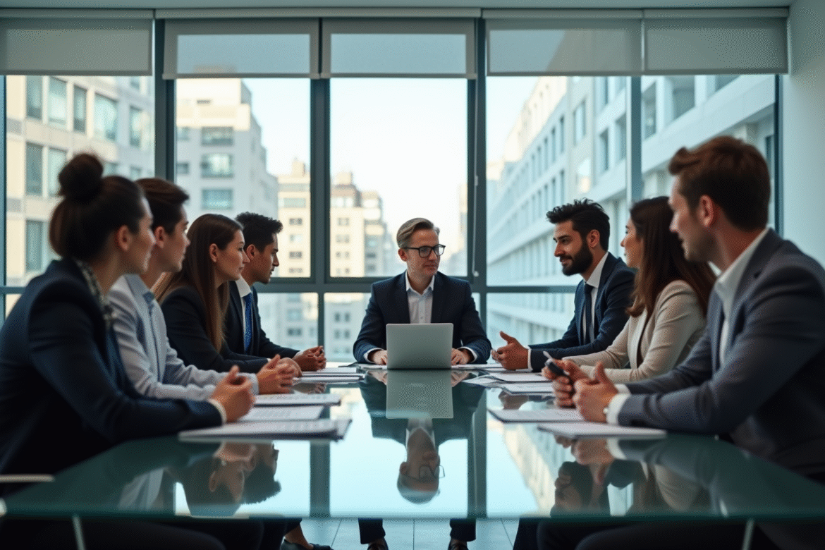Réunion professionnelle dans un bureau moderne lumineux
