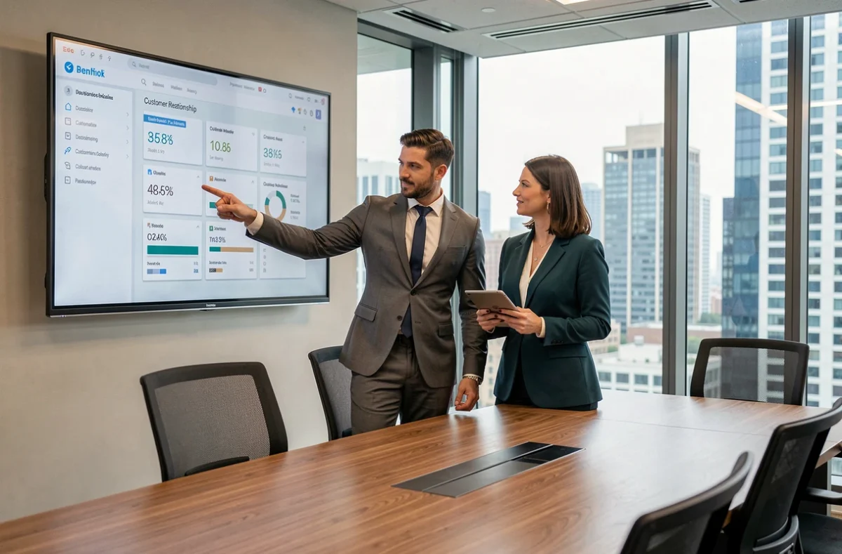 Deux professionnels en salle de réunion analysant un tableau de bord de relation client B2B sur écran mural