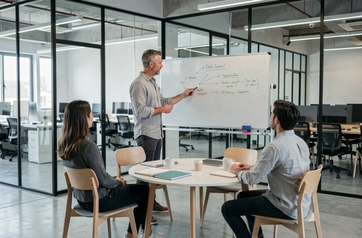 Réunion professionnelle dans une salle de coworking vitrée à Montpellier