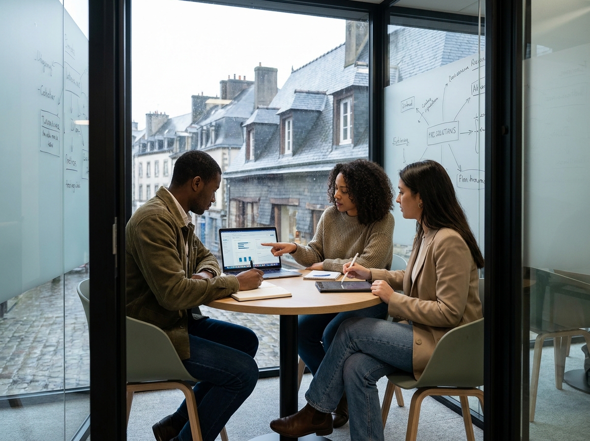 Équipe en réunion dans une salle privatisée d'un espace de coworking en périphérie de Rennes