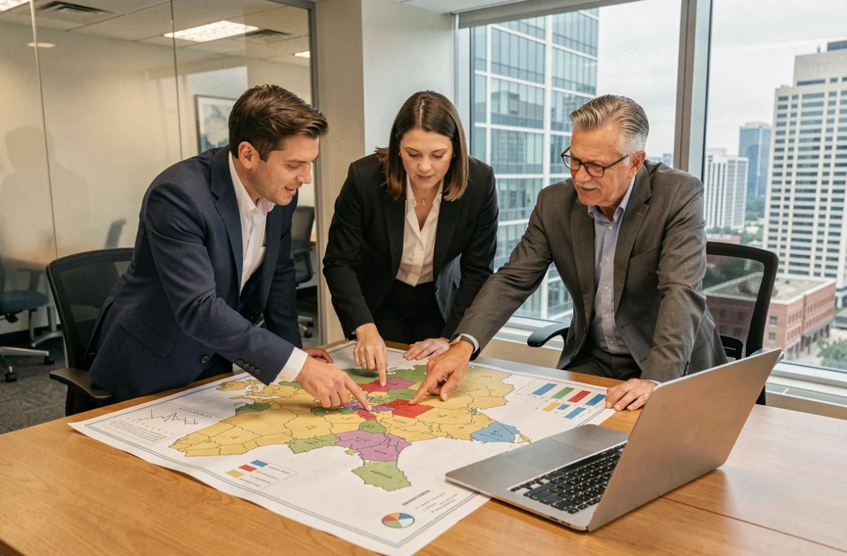 Équipe d'entrepreneurs analysant une carte économique régionale et des données territoriales lors d'une réunion de stratégie
