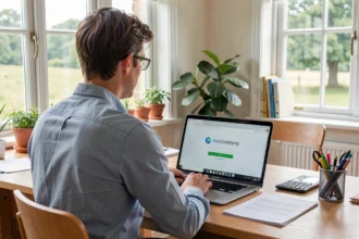 Salarié devant son ordinateur dans un bureau lumineux