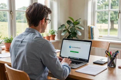 Salarié devant son ordinateur dans un bureau lumineux