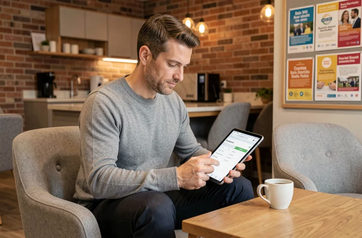 Salarié consultant les avantages de son comité d'entreprise sur une tablette dans l'espace détente de l'entreprise