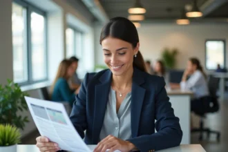 Salariée en blazer marine consultant des documents sur les avantages CSE et CACIB dans un bureau moderne