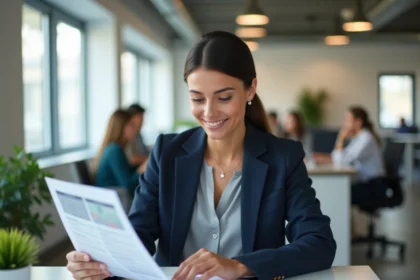 Salariée en blazer marine consultant des documents sur les avantages CSE et CACIB dans un bureau moderne