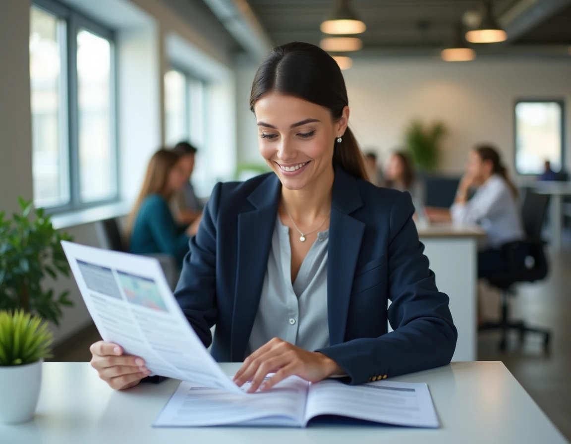 Salariée en blazer marine consultant des documents sur les avantages CSE et CACIB dans un bureau moderne