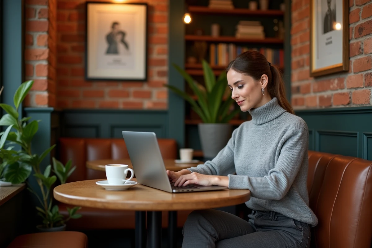 Secrétaire freelance travaillant sur son slogan commercial depuis un café avec un ordinateur portable