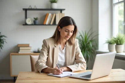 Secrétaire indépendante concentrée écrivant son slogan professionnel dans un carnet à son bureau à domicile