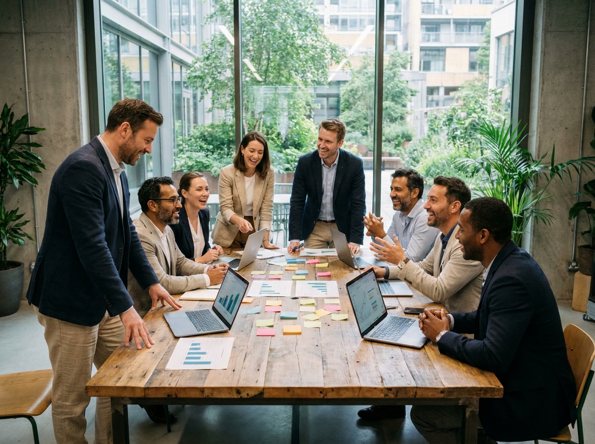 Groupe de professionnels en séminaire d'entreprise collaborant autour d'une grande table lors d'un atelier de cohésion d'équipe