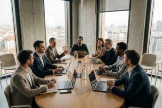 Groupe de professionnels réunis autour d'une table lors d'un séminaire d'entreprise en salle de conférence moderne