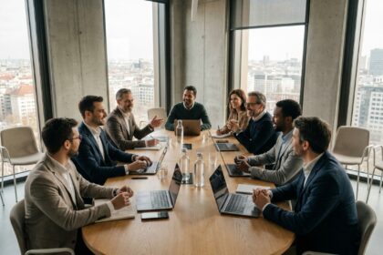 Groupe de professionnels réunis autour d'une table lors d'un séminaire d'entreprise en salle de conférence moderne