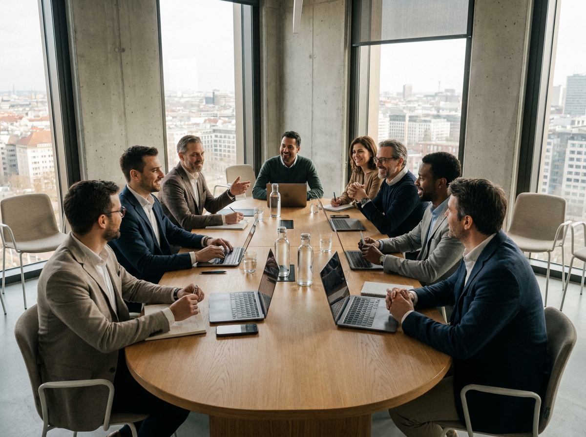 Groupe de professionnels réunis autour d'une table lors d'un séminaire d'entreprise en salle de conférence moderne