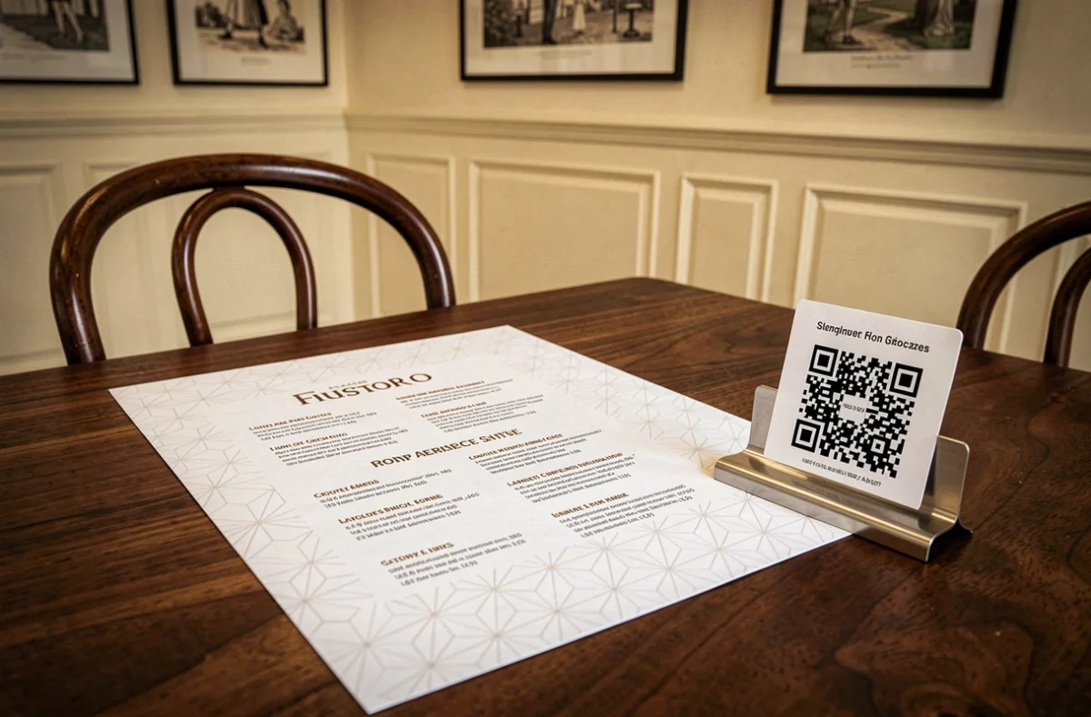 Set de table imprimé, menu plastifié et carte QR code dans un restaurant parisien du 17e arrondissement