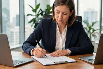 Professionnelle signant un document officiel pour ordre dans un bureau d'entreprise moderne