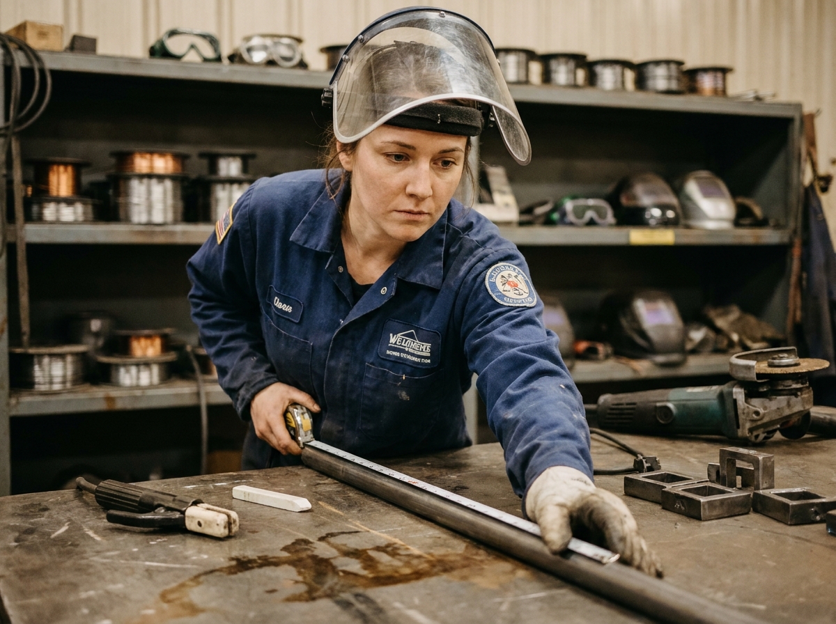 Femme soudeuse mesurant un tube en acier avant soudage dans un atelier professionnel équipé