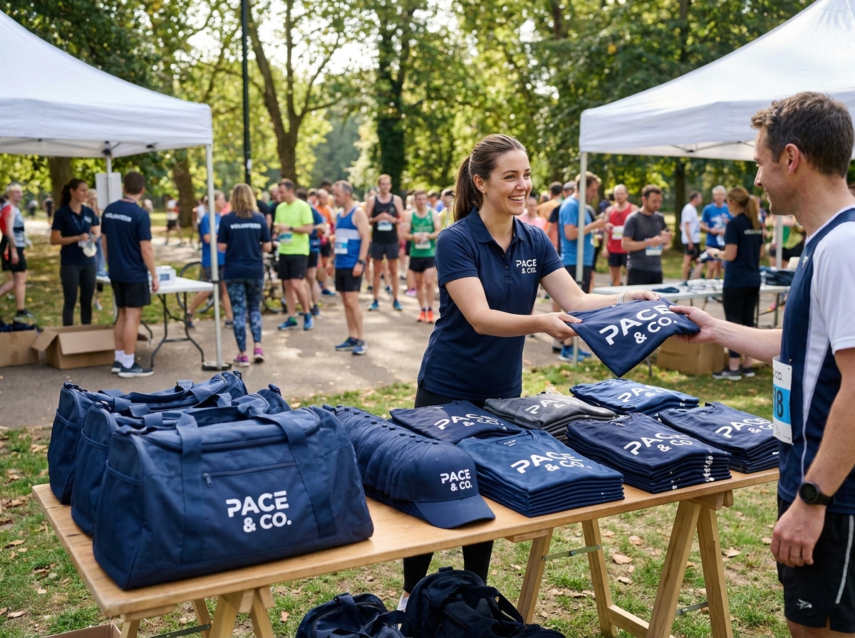 Stand de distribution d'objets publicitaires sportifs lors d'une course amateur, avec des sacs, casquettes et t-shirts floqués au logo d'une marque corporate disposés sur une table en plein air