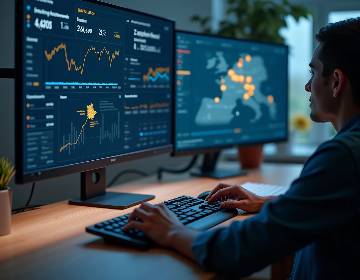 Tableau de bord d'audit SEO local pour une stratégie de référencement en Alsace affiché sur deux écrans de bureau