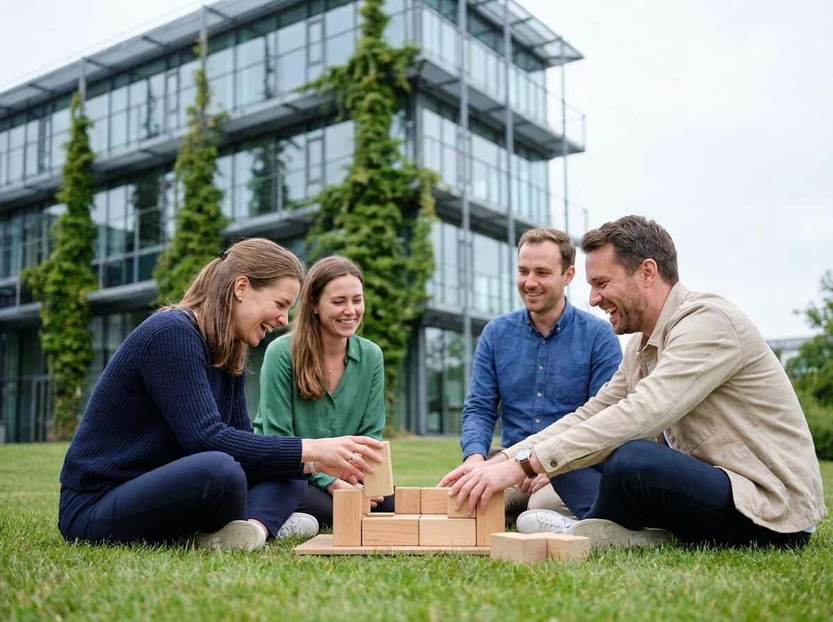 Collègues participant à une activité de team building en extérieur lors d'un séminaire d'entreprise pour renforcer la cohésion