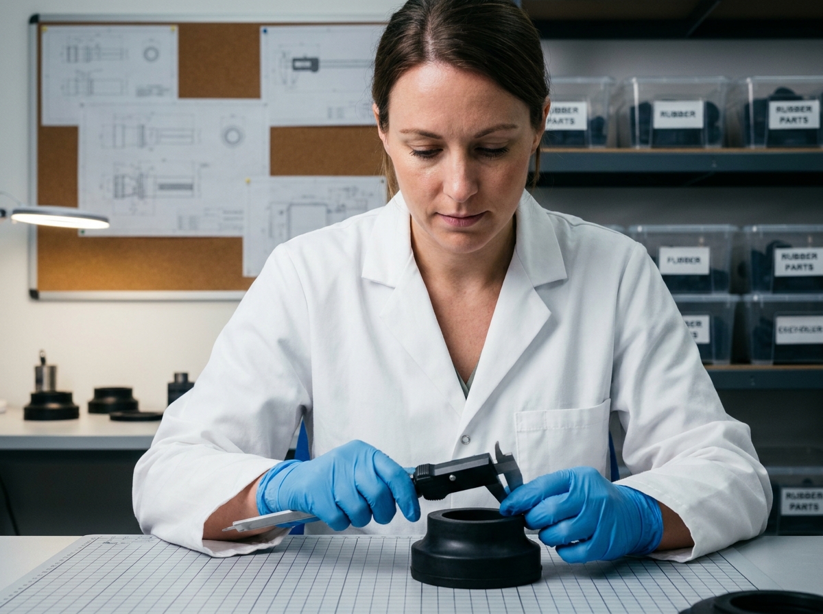 Technicienne en contrôle qualité mesurant une pièce en caoutchouc moulée sur mesure avec un pied à coulisse numérique dans un laboratoire industriel