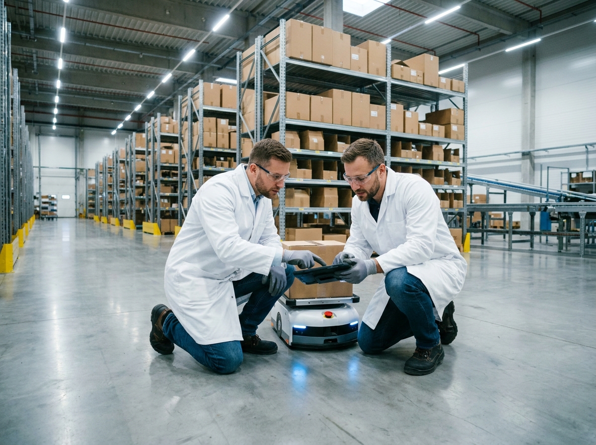 Deux techniciens programmant un robot mobile autonome dans un entrepôt logistique automatisé