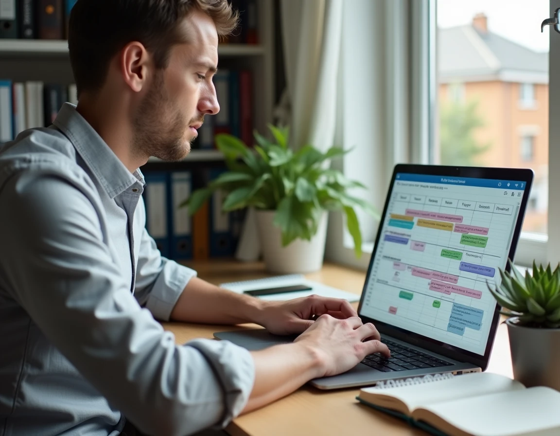 Homme en télétravail consultant un tableau de bord numérique de planification des jours ouvrés et RTT 2026 sur ordinateur portable