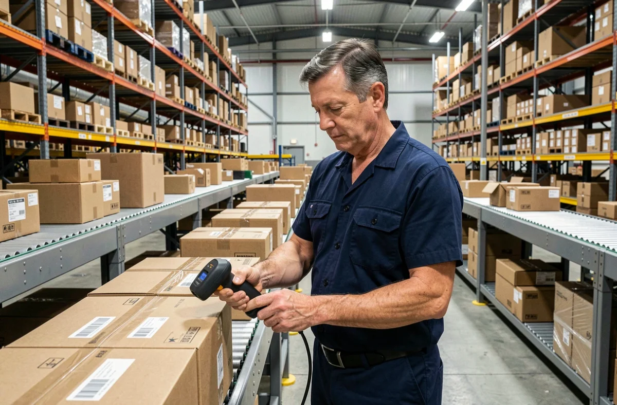 Agent logistique scannant un colis sur un tapis roulant dans un centre de tri de colis Hub Lieusaint